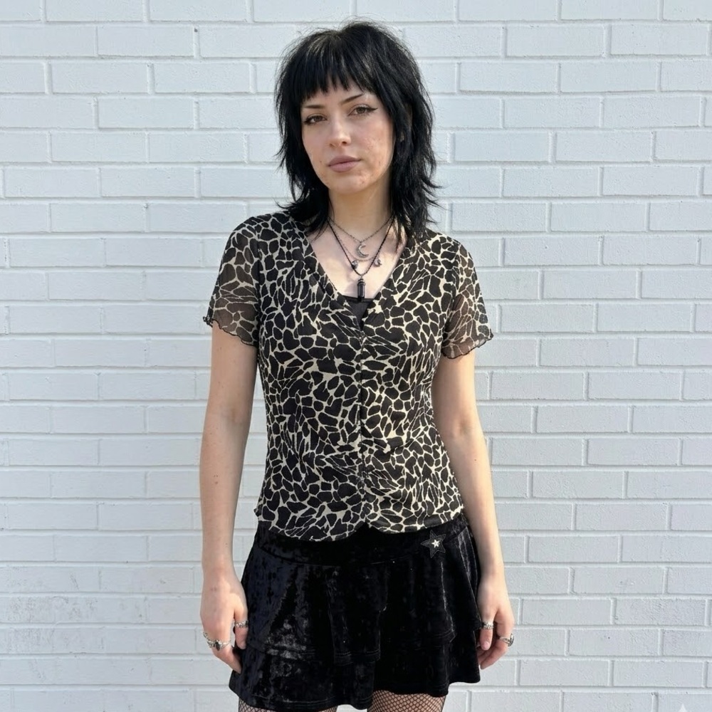 Y2K Black Animal Print Zebra Mesh Top Size Small Medium Goth Whimsy Whimsigoth